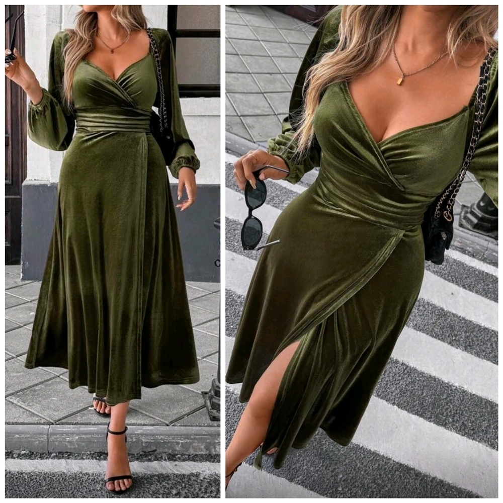 New Velvet Sweetheart Wrap Top Ruched Wrap Midi Dress Olive Green